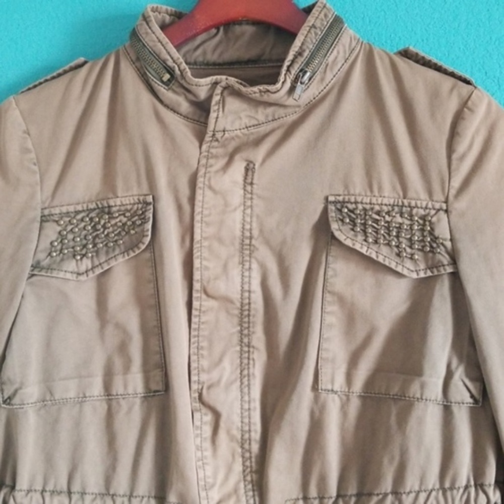 {Zara} Basic Studded Tan Army Zipper Jacket - image 2